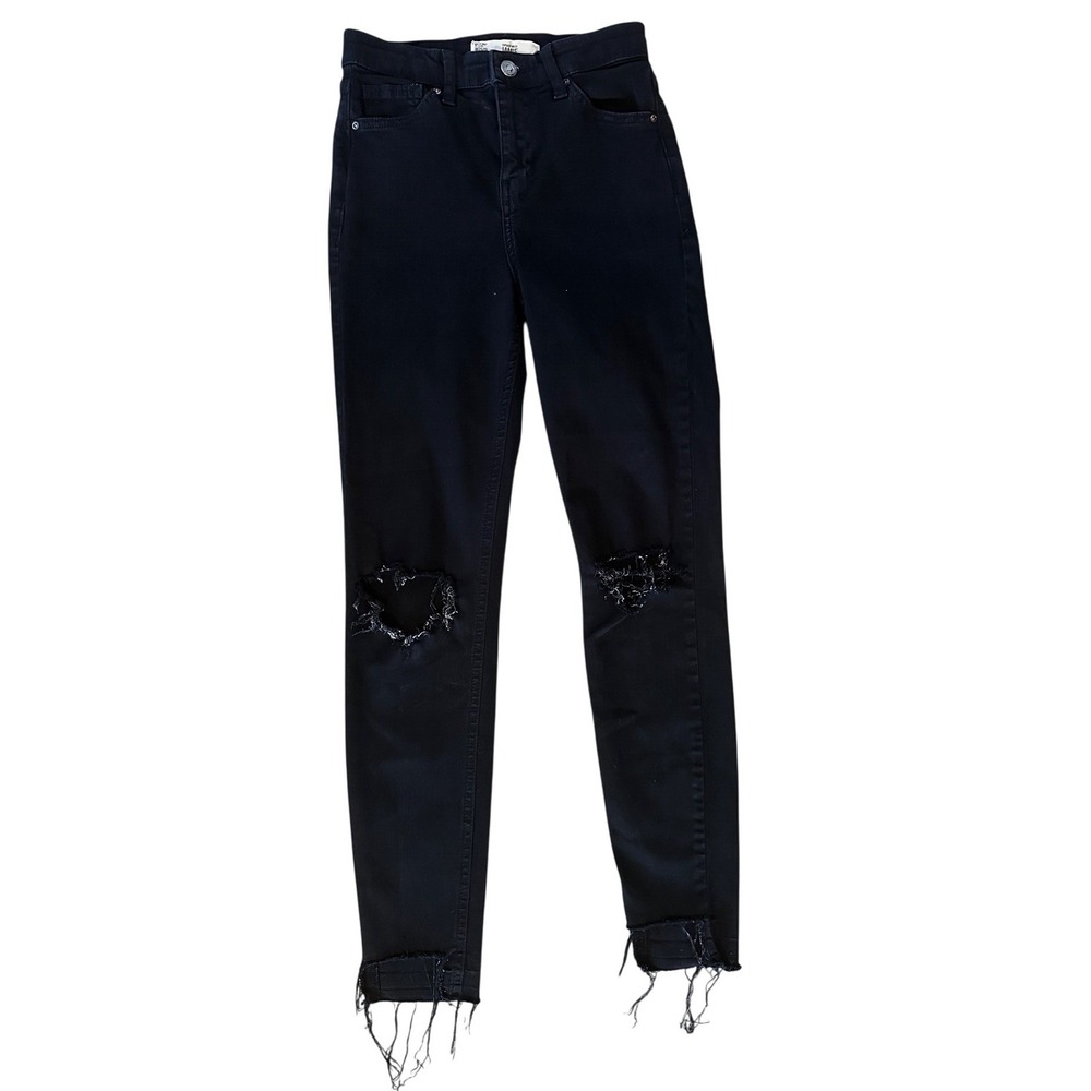 Topshop Moto Jamie Black Distressed Skinny Jeans High Rise Raw Hem W25 L30‎